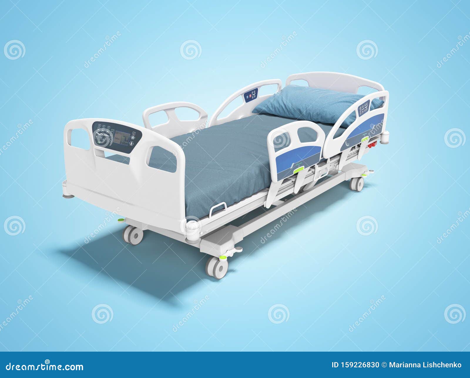 Blue Hospital Bed with Lifting Mechanism on an Autonomous Control Panel