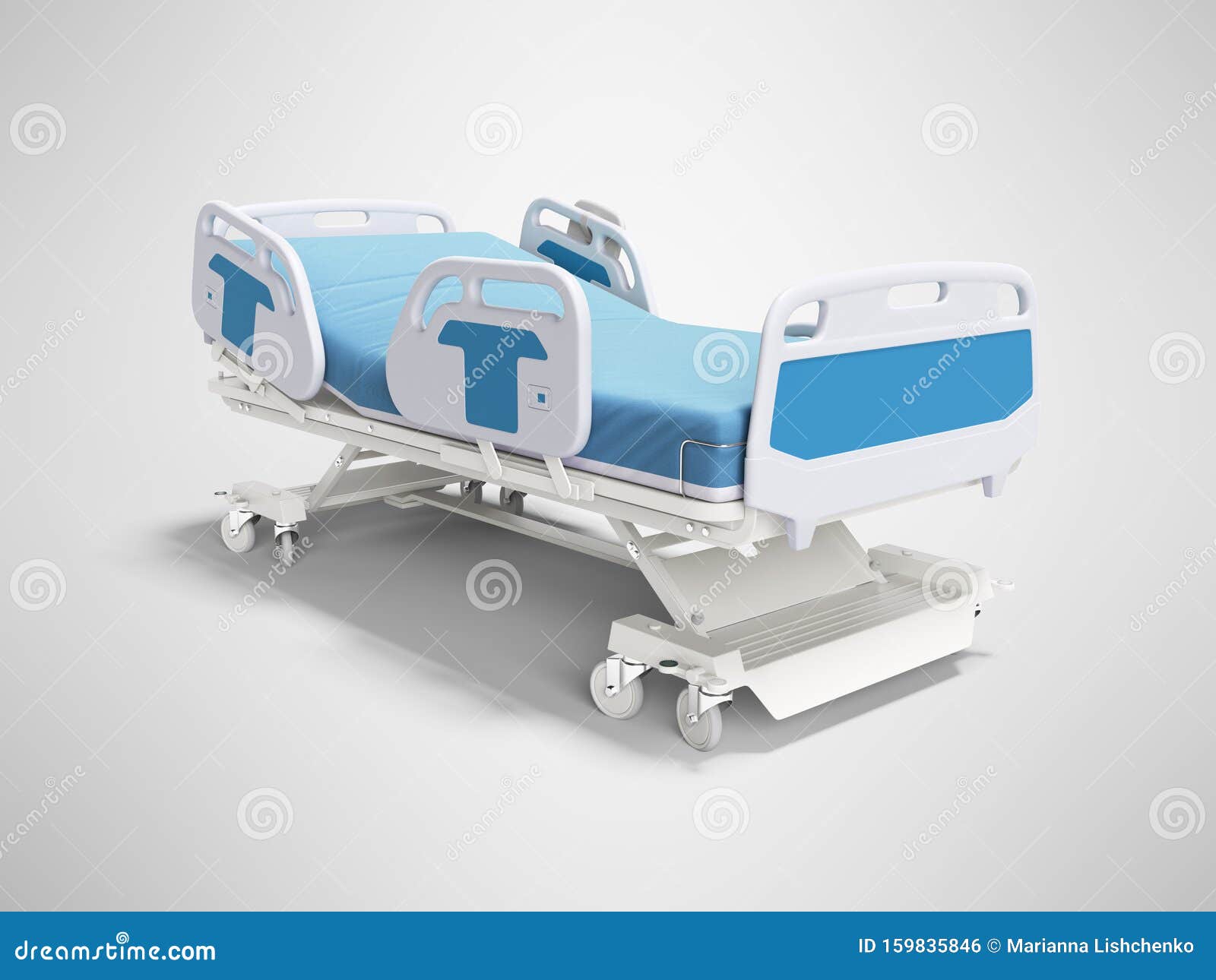 Blue Hospital Bed with Lifting Mechanism on Standalone Control Panel