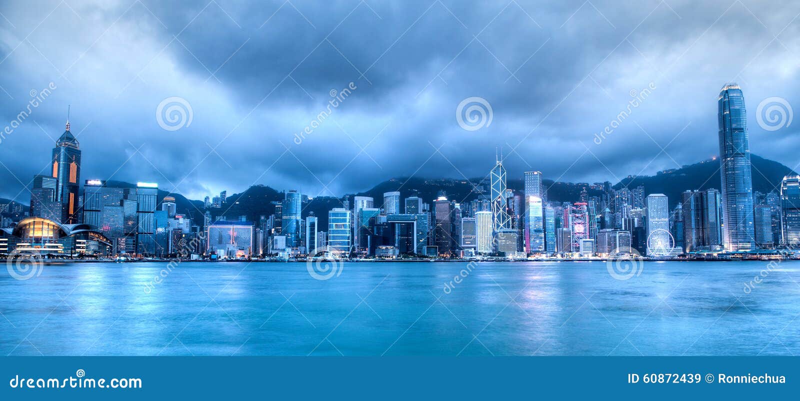 blue hour over victoria harbor, hong kong