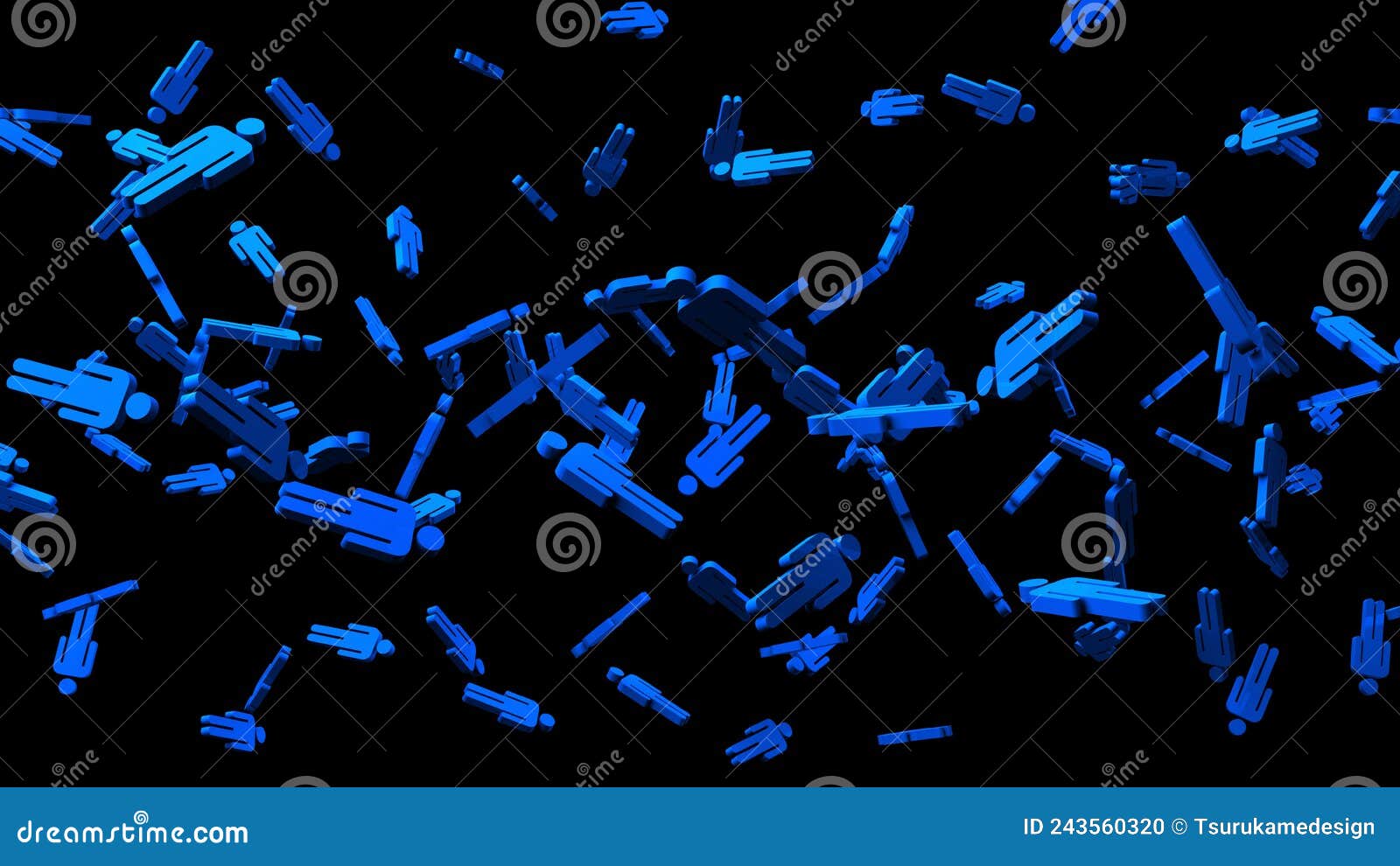 blue human d objects on black background.