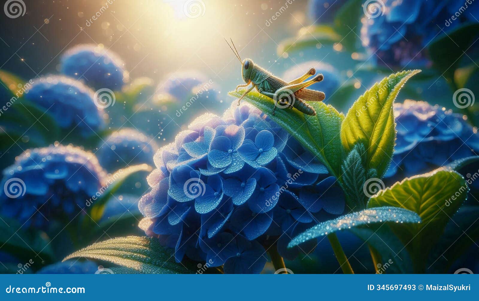 a serene blue hydrangea with dew, a grasshopper on a leaf, early morning light.