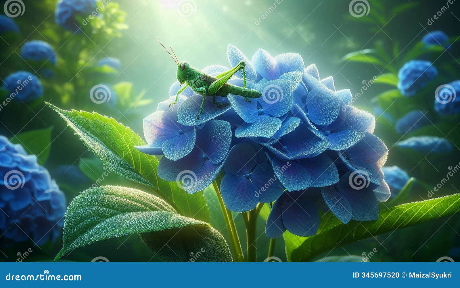 a serene blue hydrangea with dew, a grasshopper on a leaf, early morning light.
