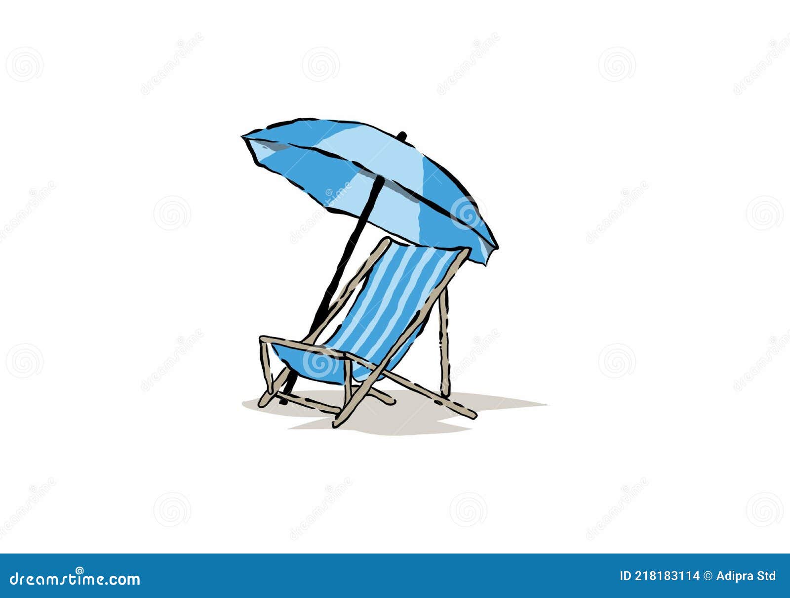 Blue Illustration Drawing of Beach Chair and Umbrella Stock Vector