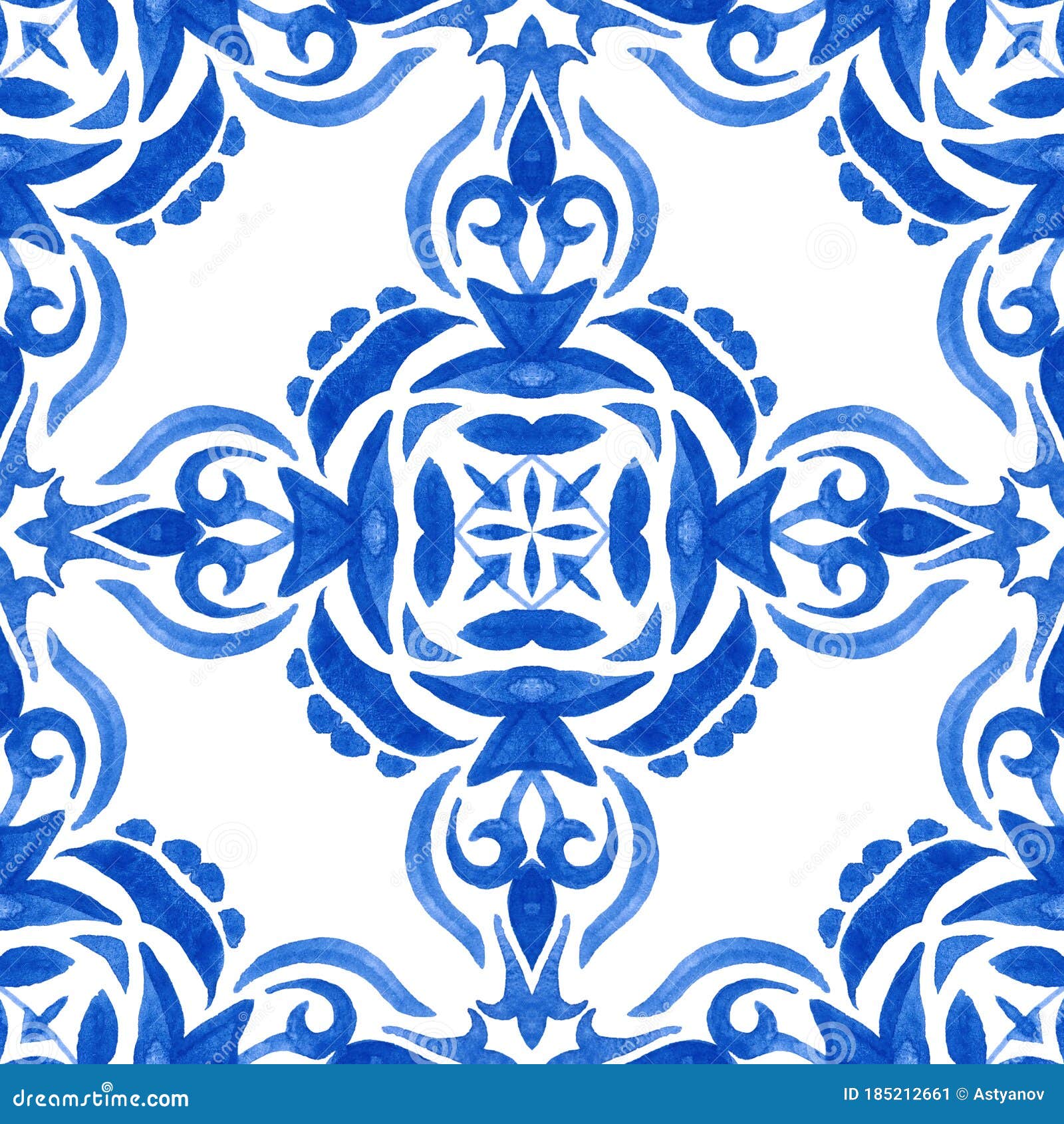 Hand Drawn Damask Tile Abstract Blue And White Watercolor Paint