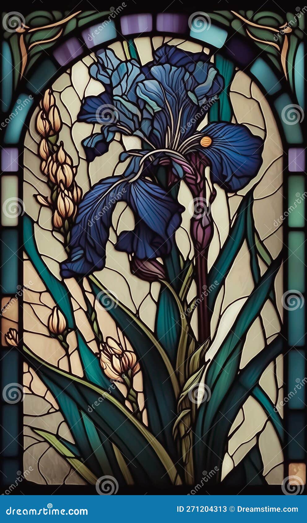 Blue Iris Stained Glass Panel Window Design Arts And Crafts Style Generative Ai Stock