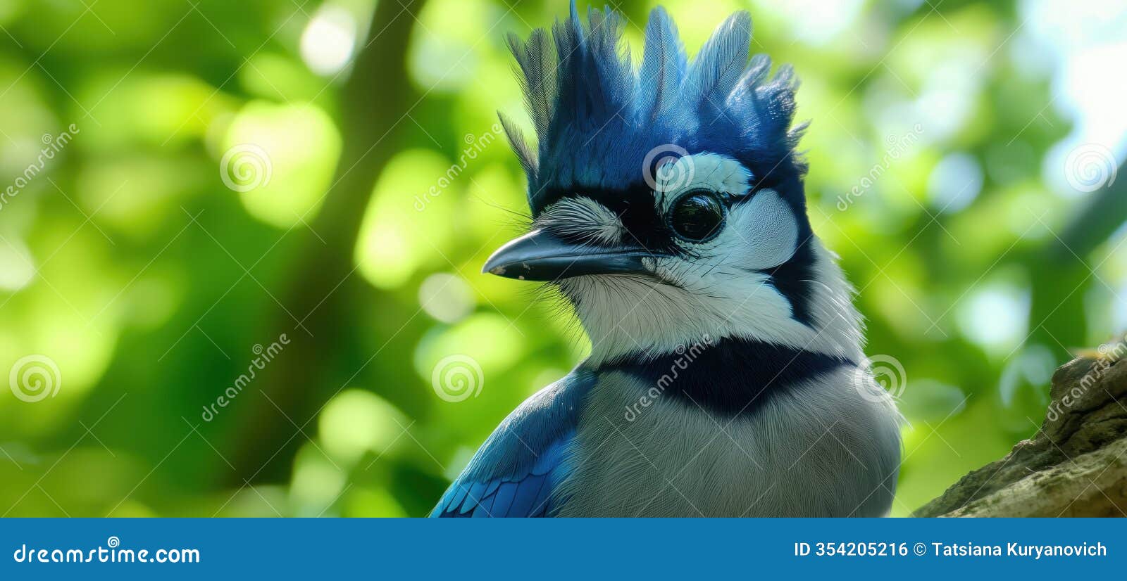 blue jay perched amidst vibrant green foliage, showcasing striking blue and white plumage, sharp beak, and