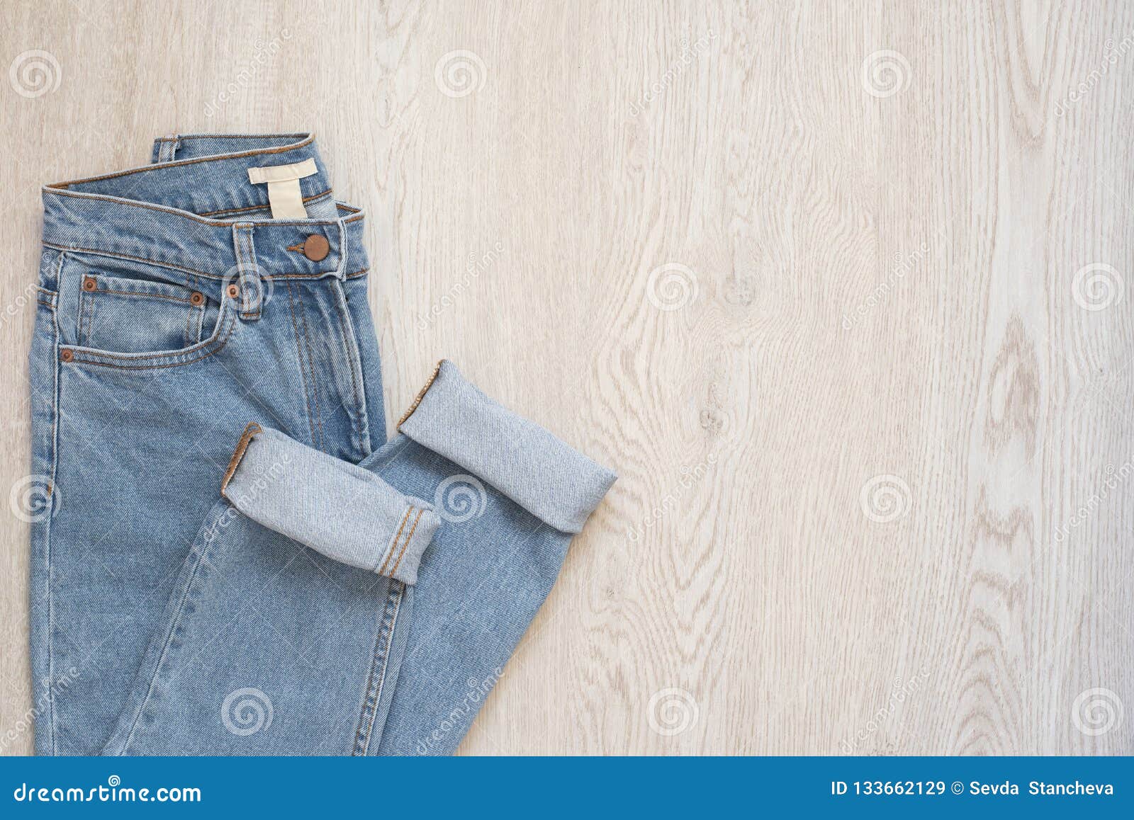 Blue Jeans on a Wooden Background. Flat Lay of Female Styled Look. Top ...