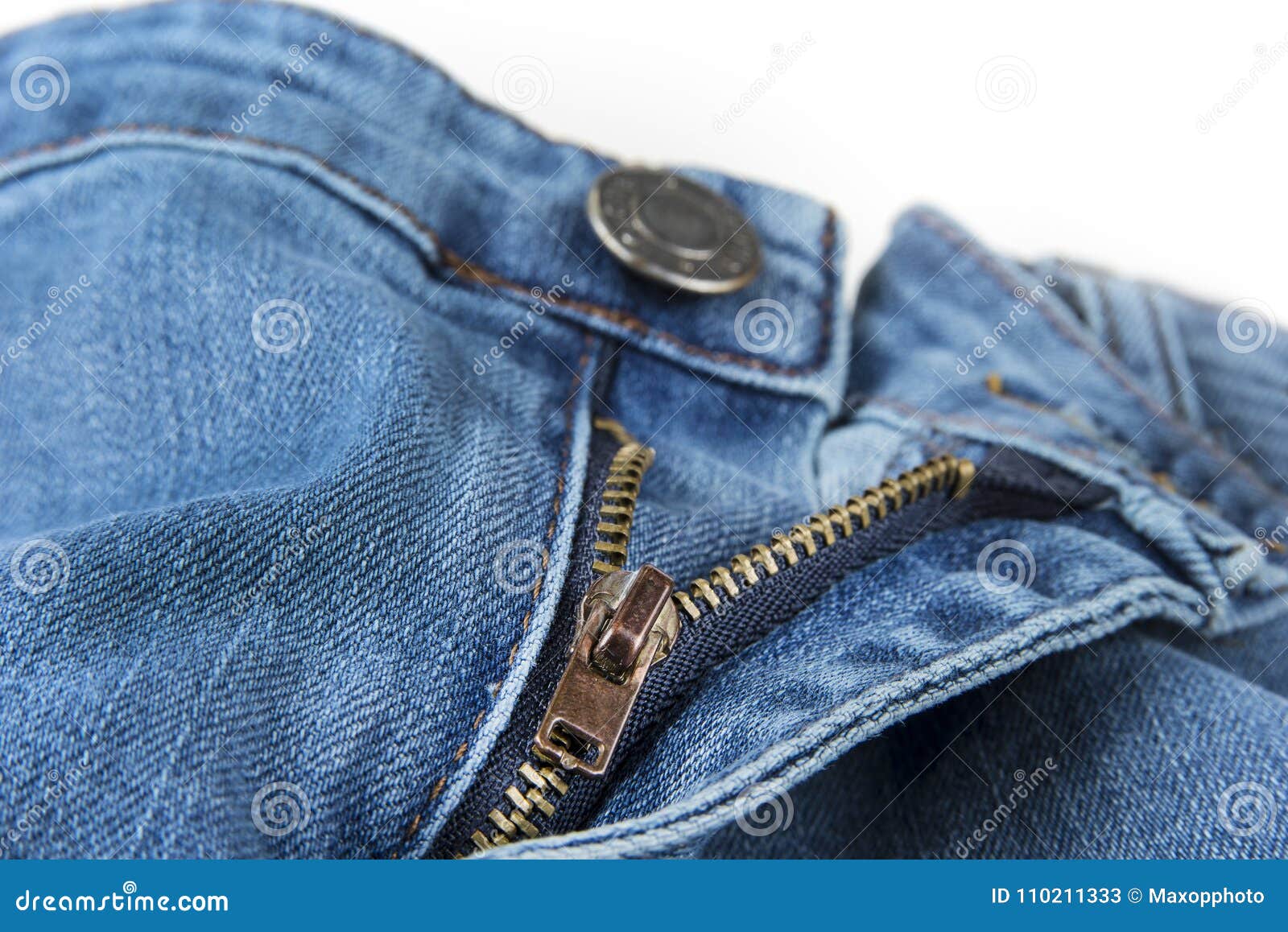 Blue Jeans Zipper on the White Background. Stock Image - Image of close ...