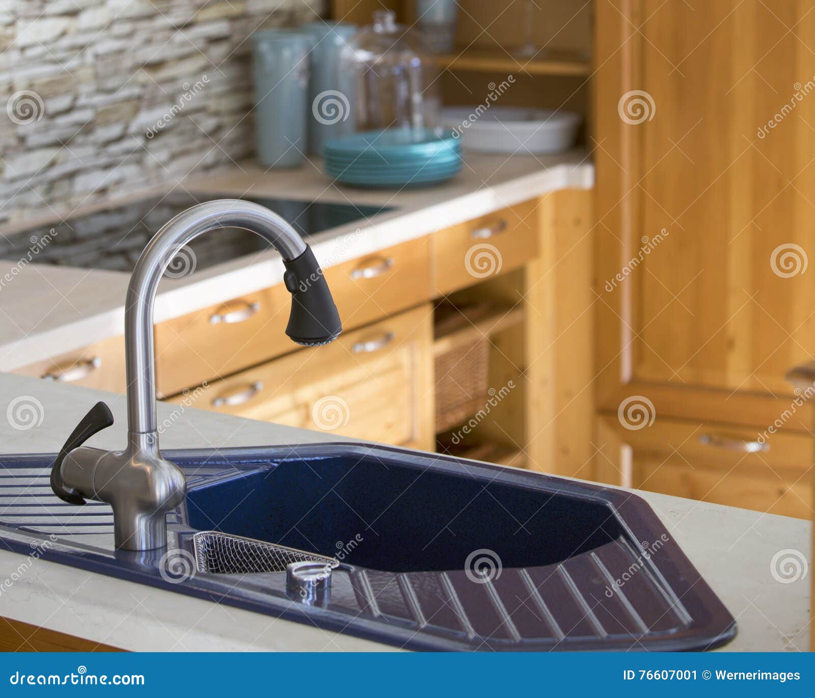 Blue Kitchen Sink and Wooden Stock Image Image of cooking
