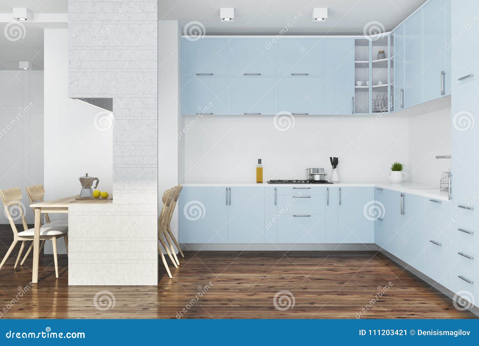 Blue Kitchen White Furniture Stock Illustration Illustration Of