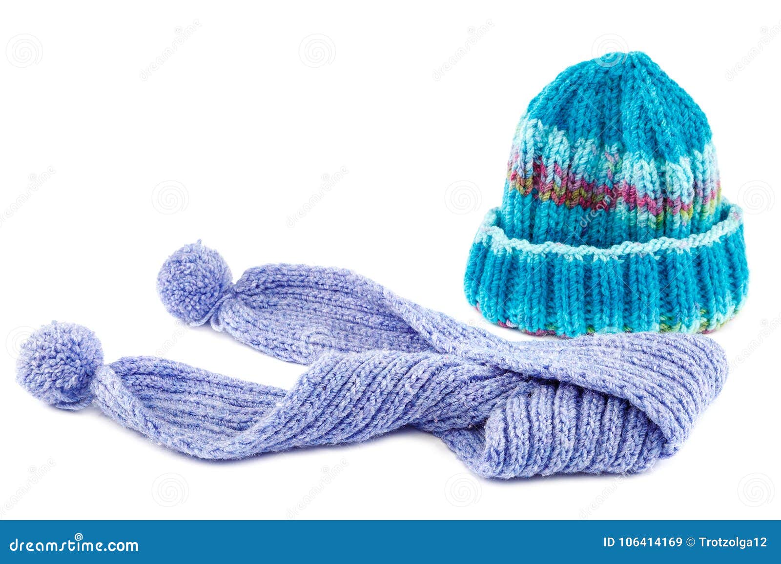 Blue Knitted Cap and Scarf on White Background. Stock Image - Image of ...