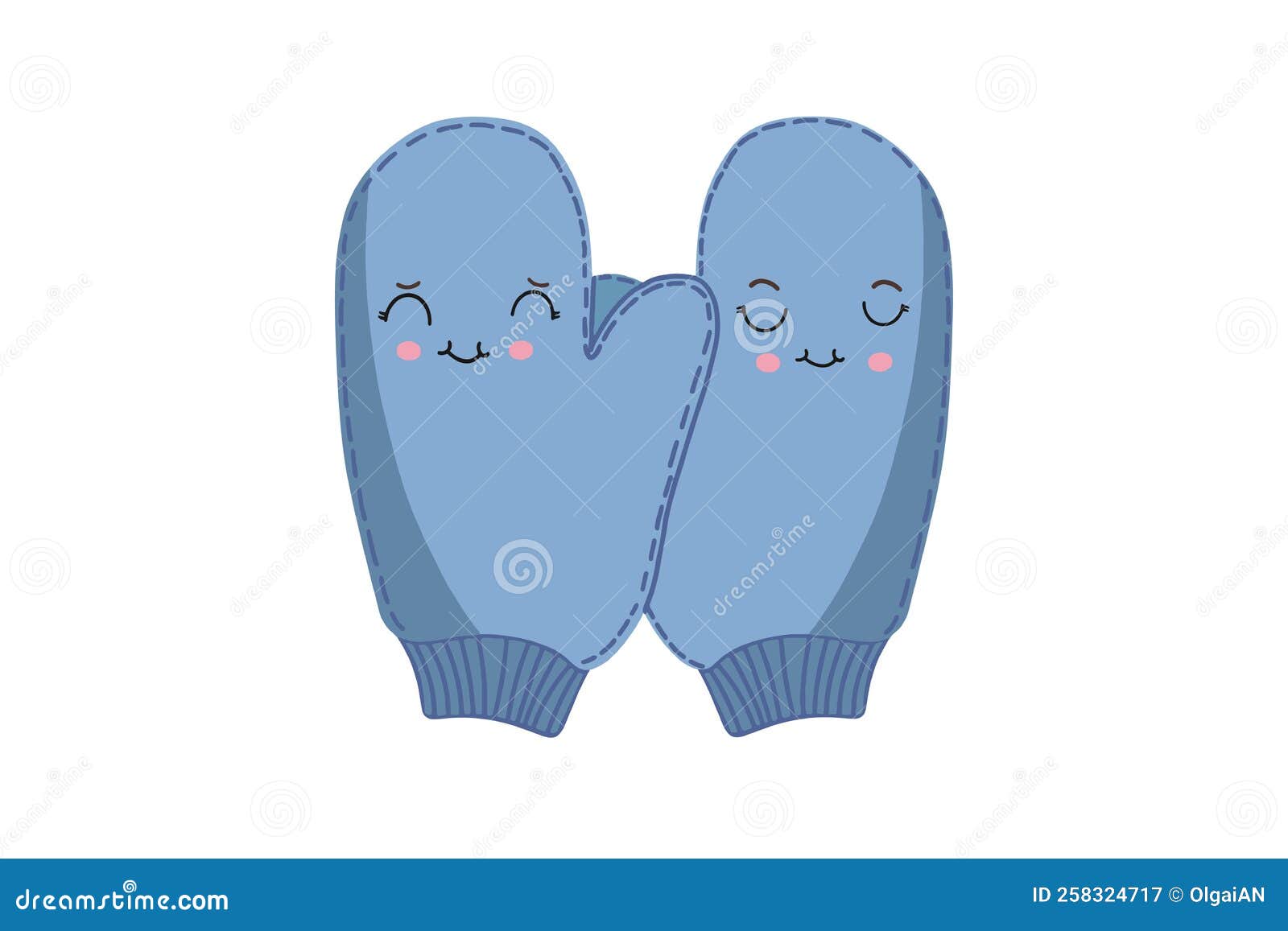 Blue Knitted Flat Mittens with Cute Emoticons. Isolated Vector. Stock