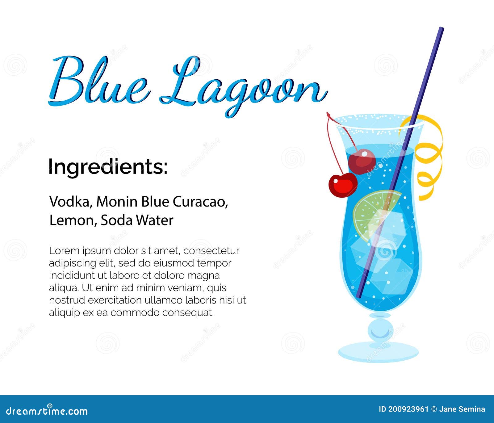 Blue Lagoon Cocktail with Place for Ingredients and Recipe Isolated on a  White Background. Cocktail Card Template Stock Vector - Illustration of  alcoholic, isolated: 200923961