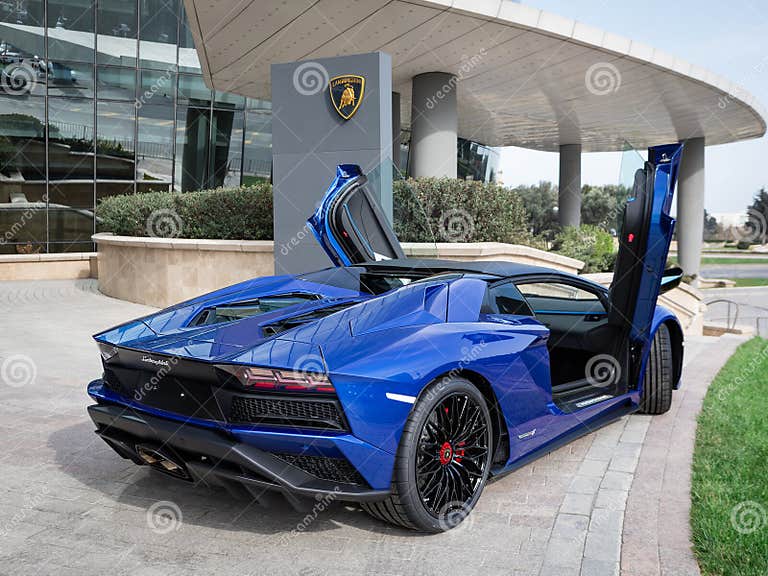 Blue Lamborghini Aventador, Doors Open Editorial Stock Photo - Image of