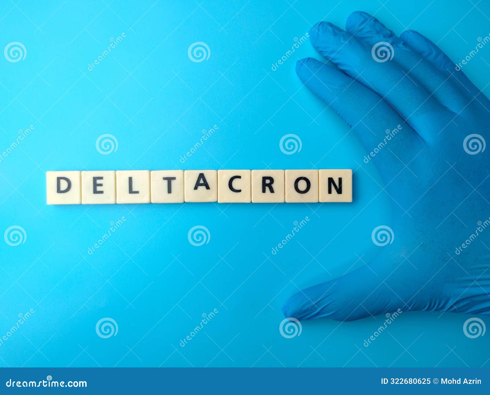 blue latex glove and letters toys with text deltacron