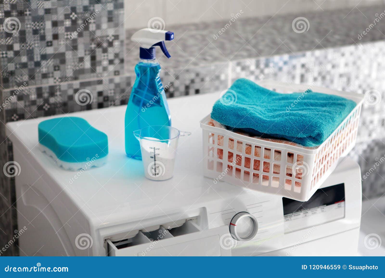 Blue Laundry Powder and Washing Machine Stock Image Image of hygiene