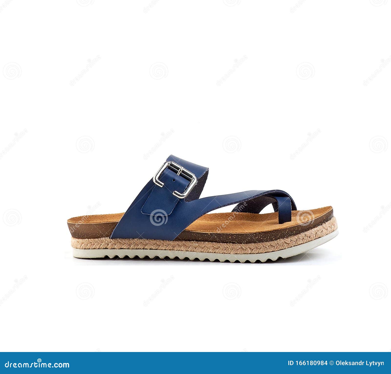 Blue Leather Men`s Summer Sandals Isolate on a White Background, Side ...