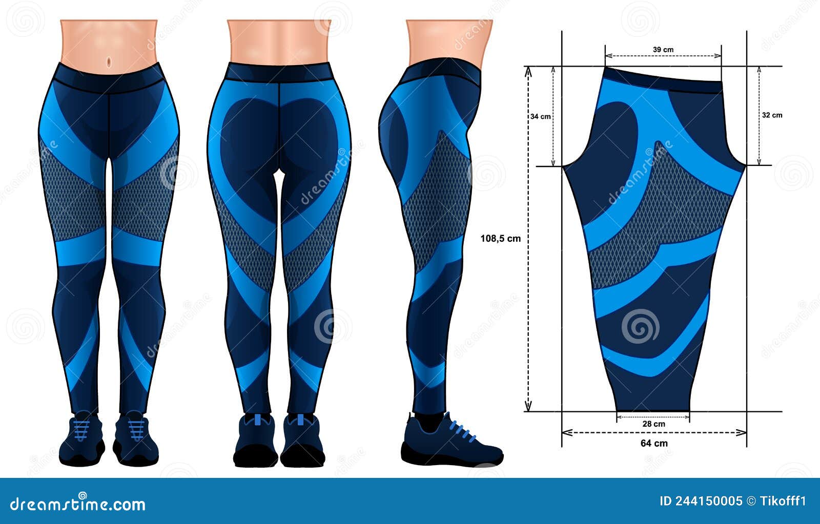 Vector illustration of black leggings. Leggings template front and back  view, vector. Shapewear for women, vector. Black sports pants for fitness,  yoga, running, etc. Stock Vector