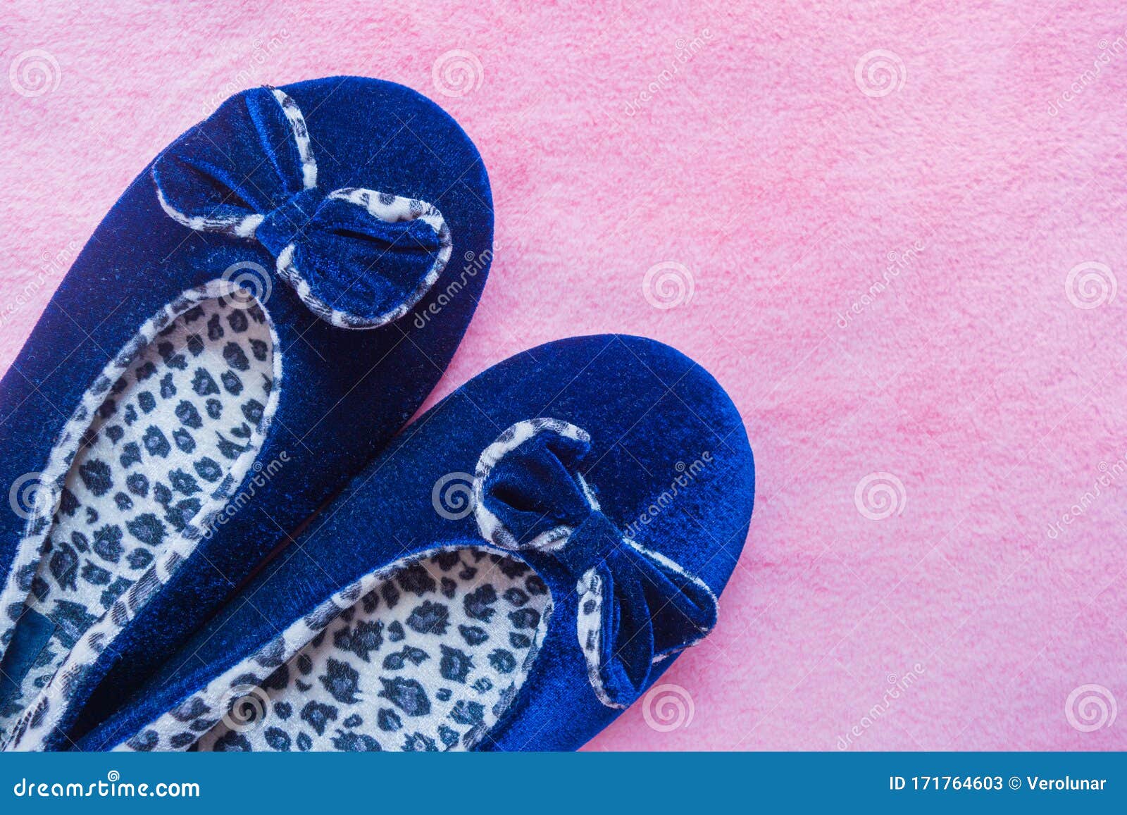 Blue Leopard Slippers on a Fluffy Pink Carpet. Home Women`s or Children ...