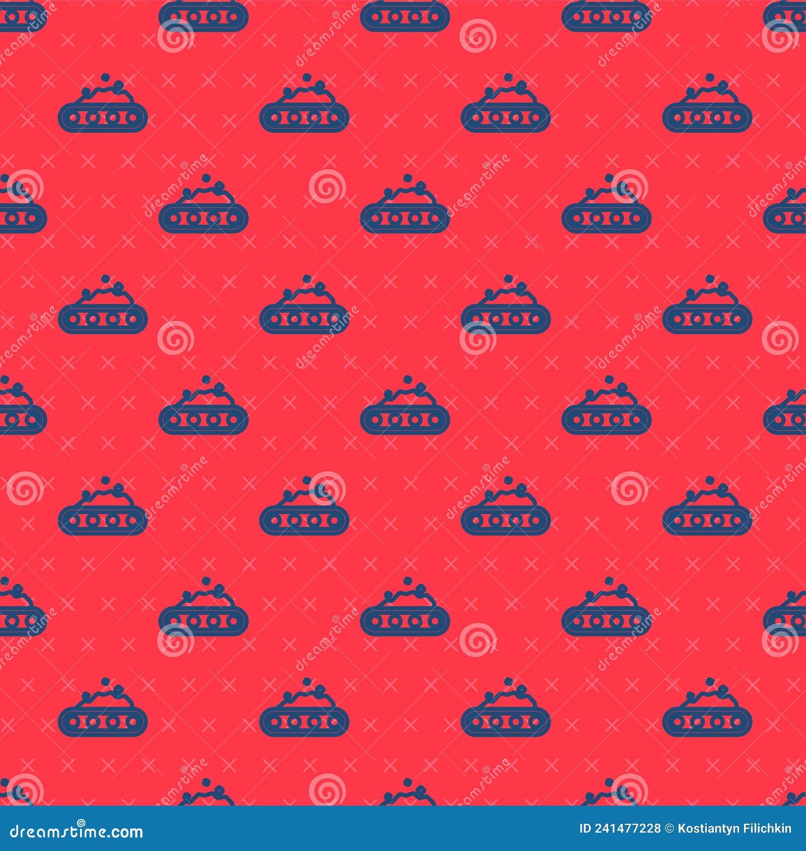 blue line conveyor belt carrying coal icon  seamless pattern on red background. 