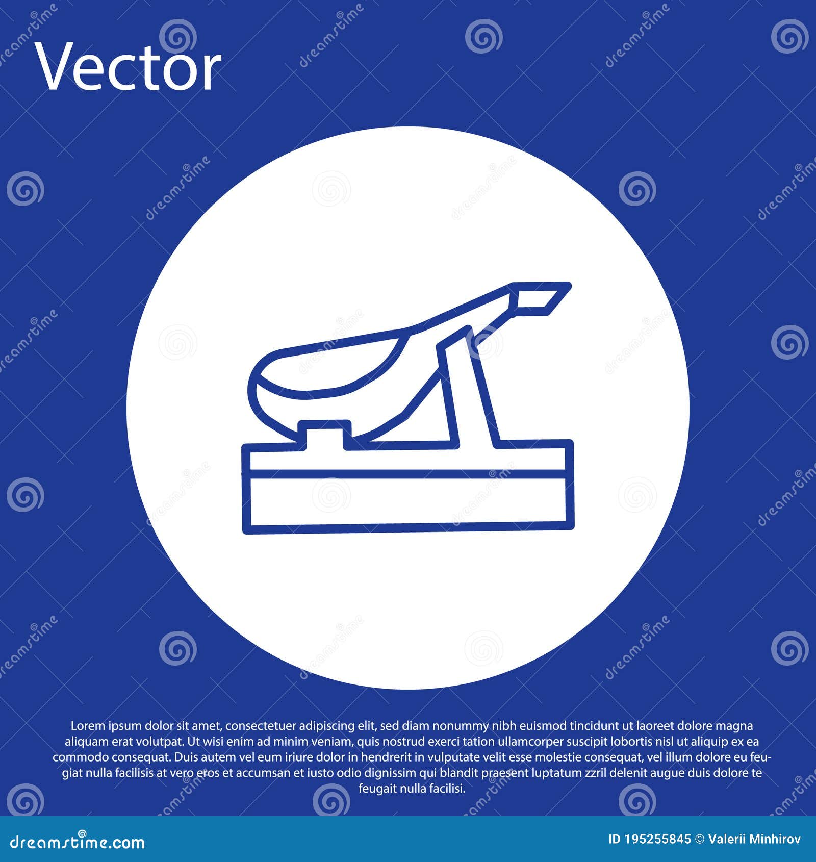 blue line spanish jamon on the wooden jamonera icon  on blue background. white circle button. 