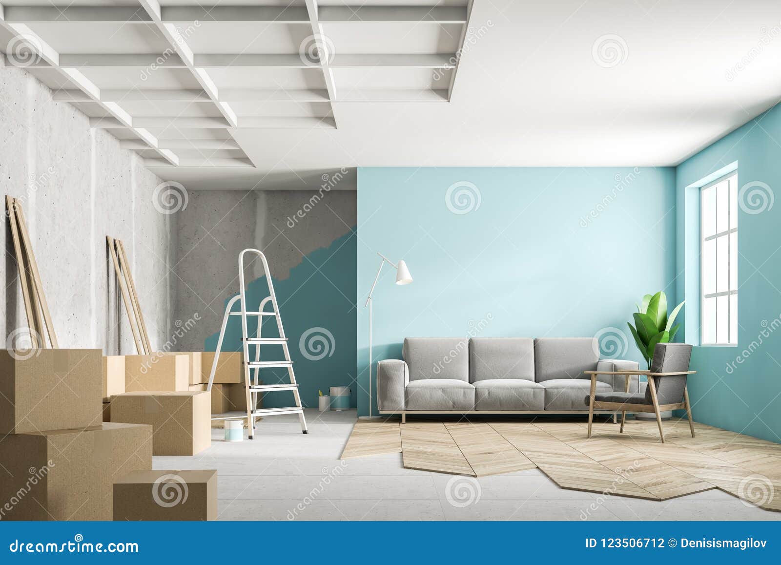 blue living room interior during renovation