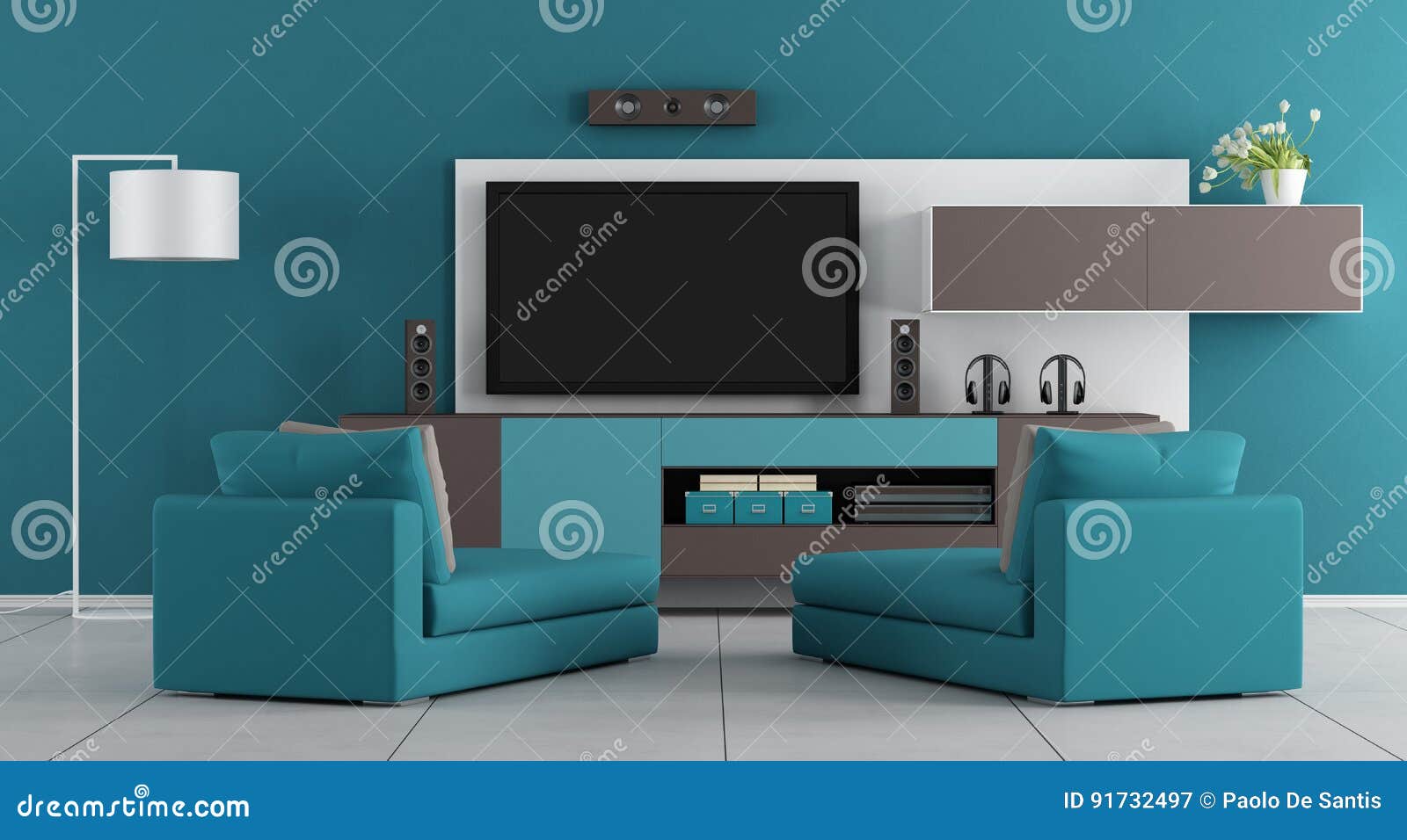 Blue Living Room With Tv Stock Illustration Illustration Of