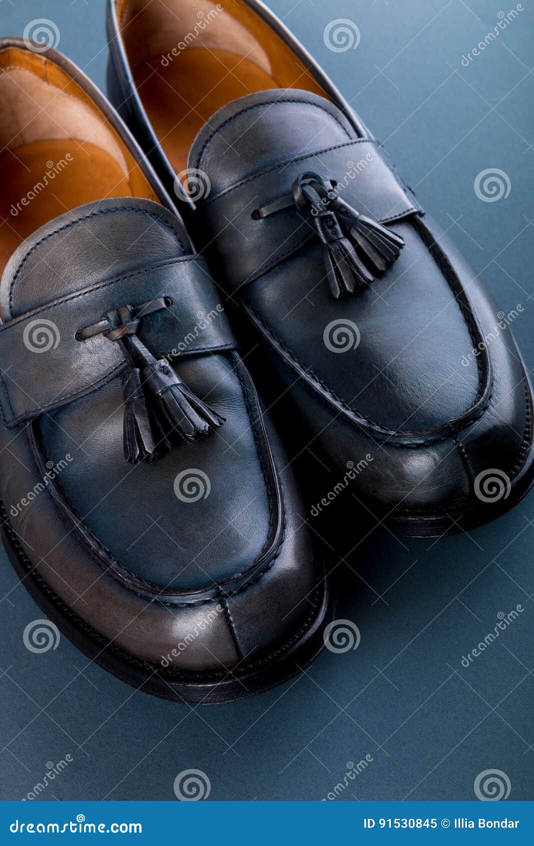 Blue Loafer Shoes on Blue Background. One Pair. Top View. Stock Image ...