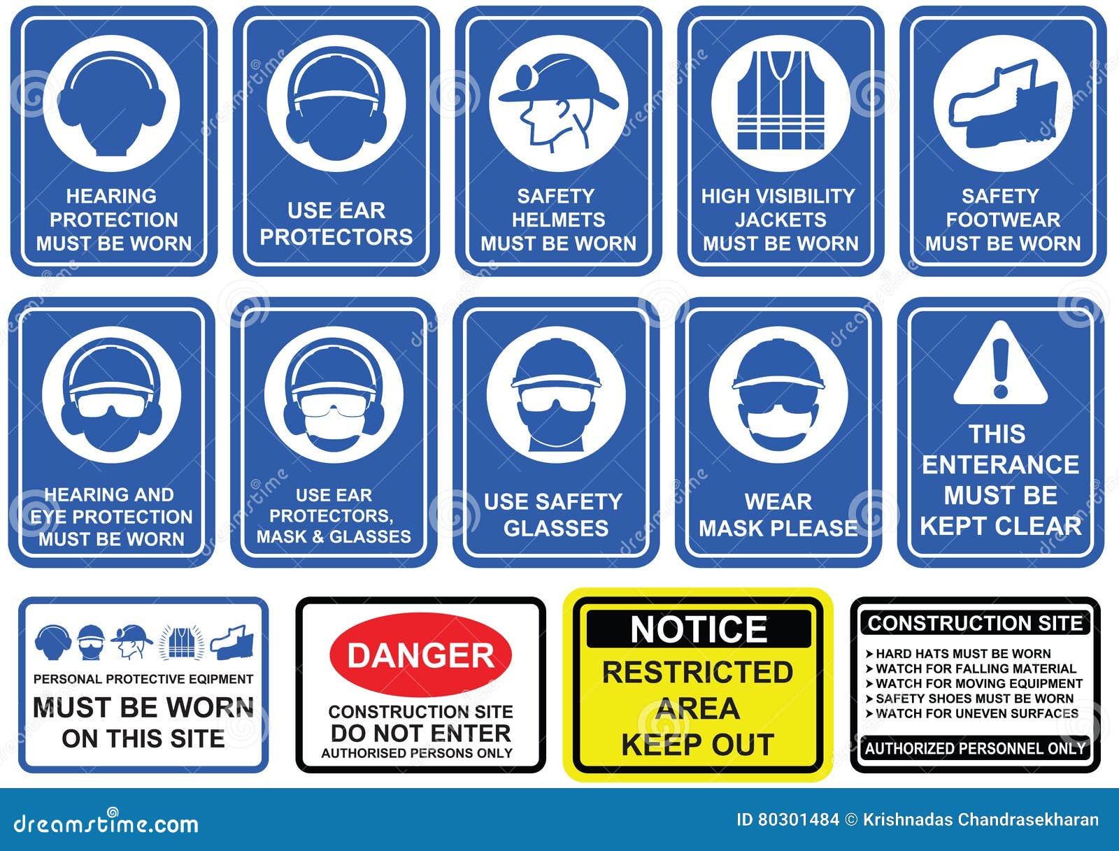 blue mandatory set of safety equipment signs in white pictogram