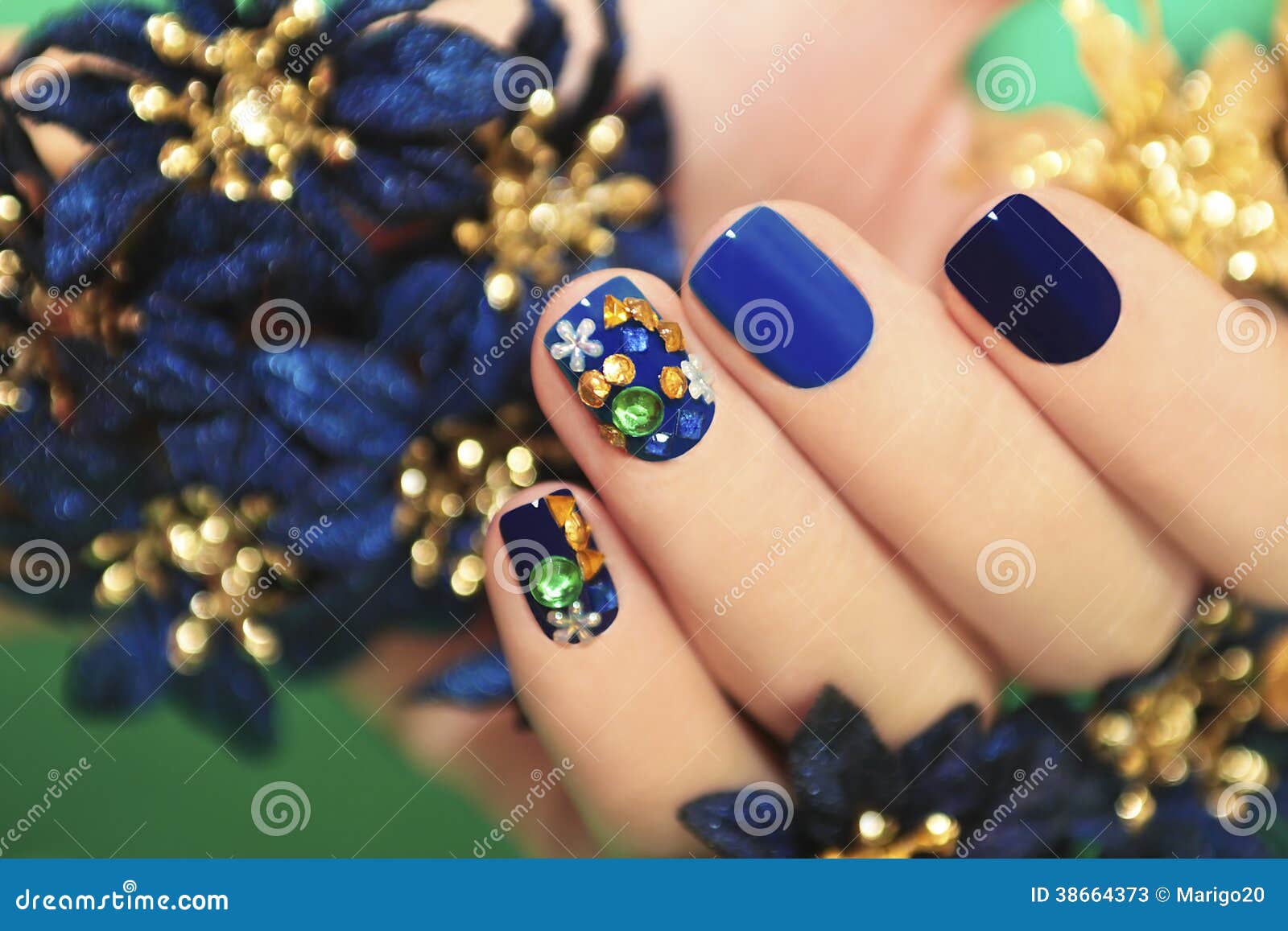 Blue manicure. stock image. Image of polish, dark, flowers - 38664373