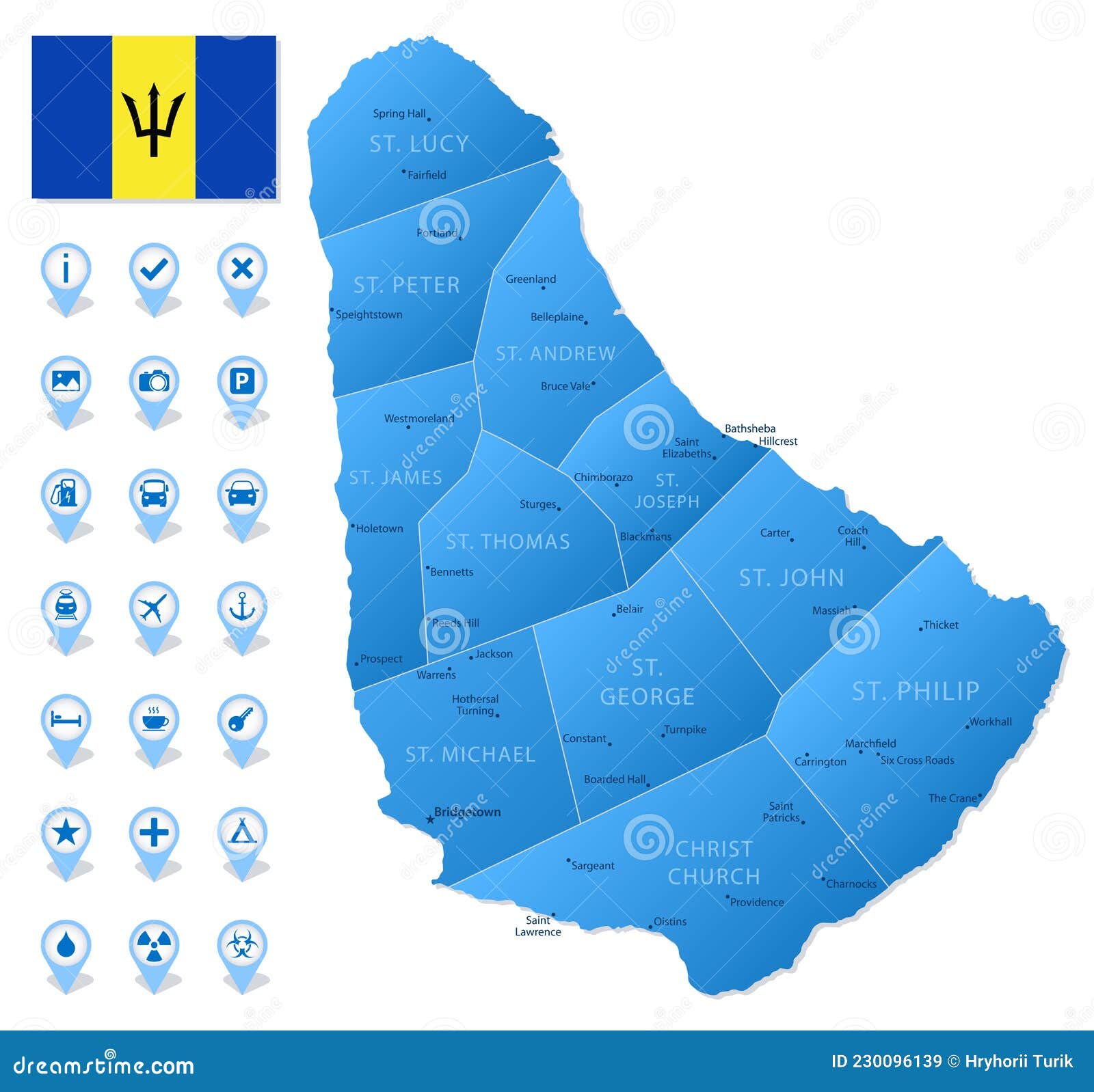 Blue Map Barbados Administrative Divisions Travel Infographic Icons Vector Illustration 230096139 