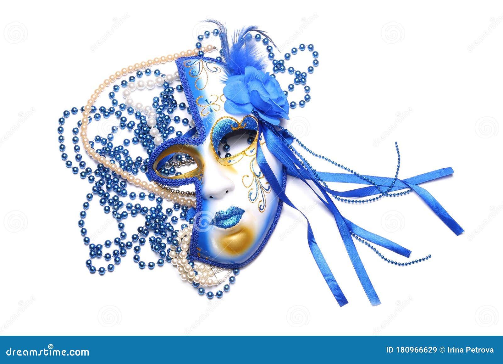 Blue Mardi Gras Mask on a White Background with Beads Stock Image