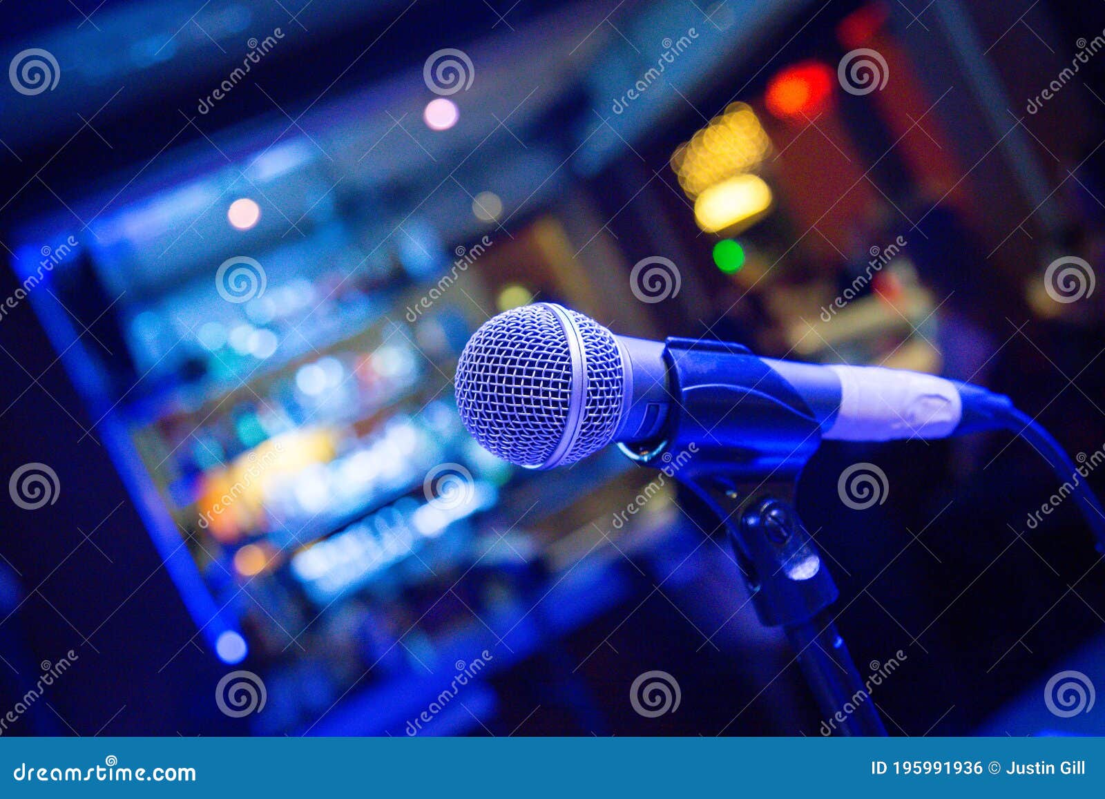 Blue Microphone for Comedy Show in Bar Restaurant Stock Photo Image
