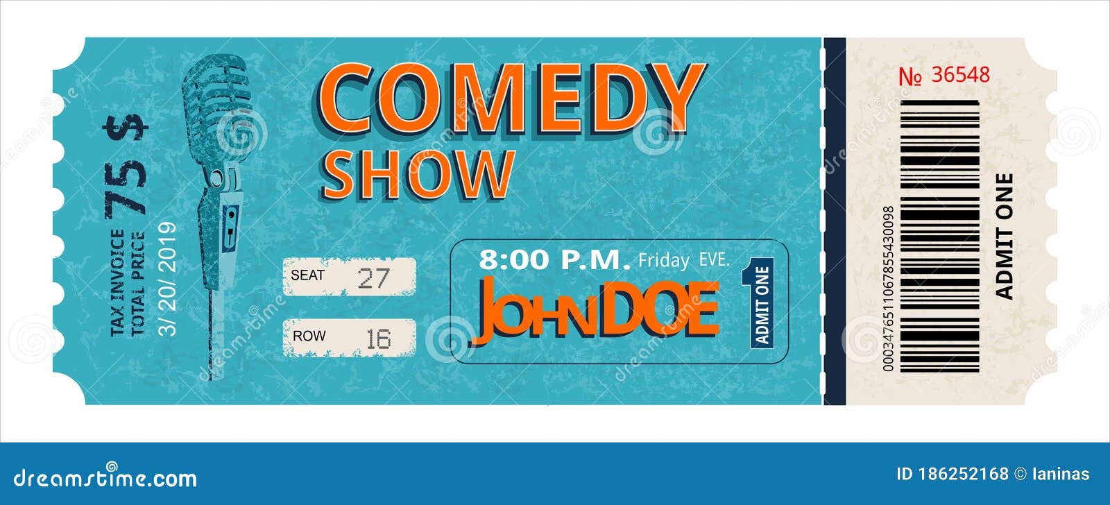 A Ticket To a Comedy Show. on a Blue Background Stock Vector