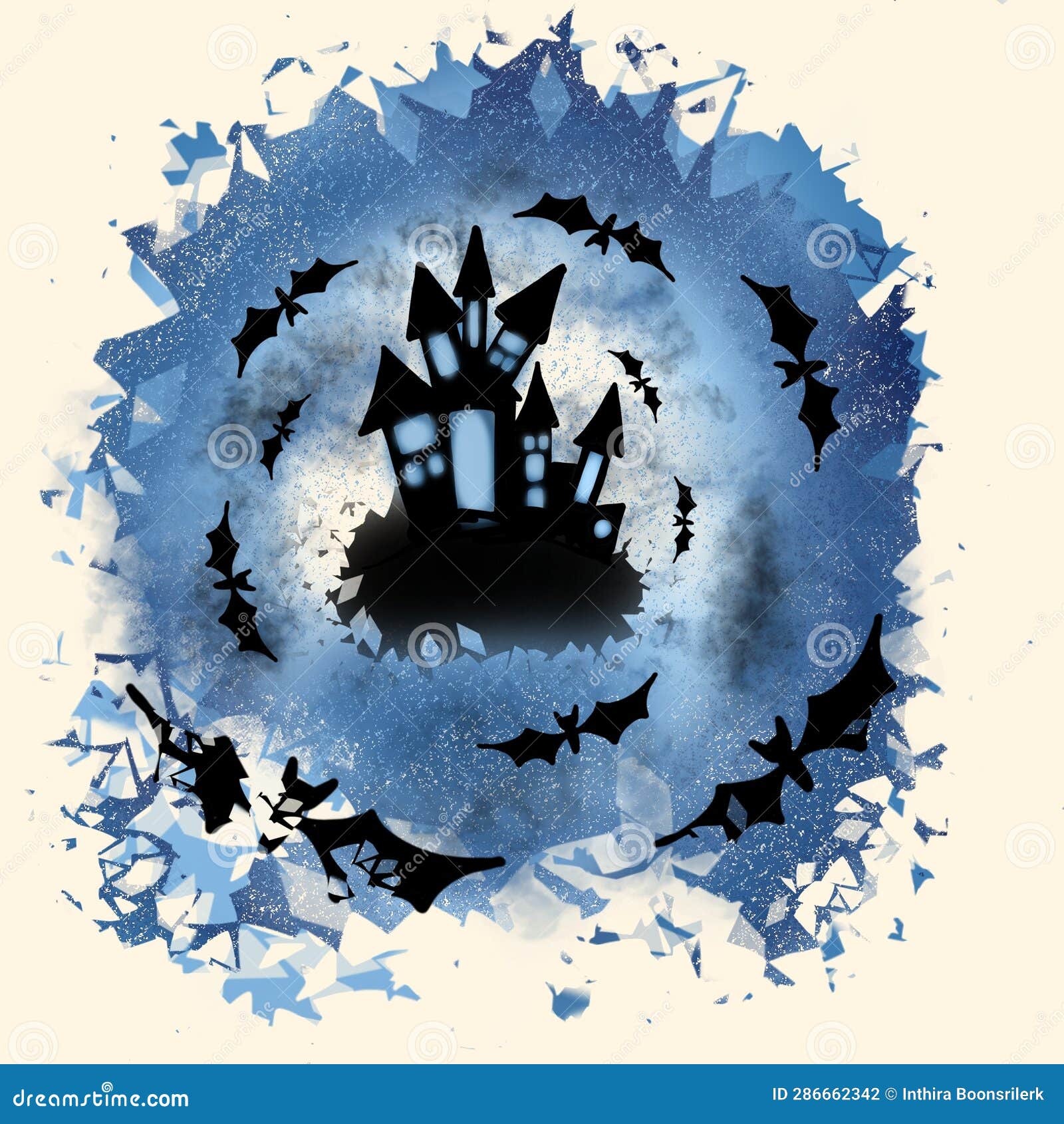 Blue Midnight Halloween Castle and Bats Scenery Stock Illustration