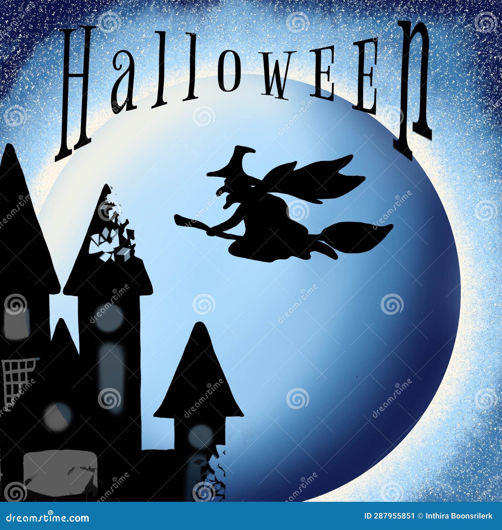 Blue Midnight Halloween There are Castle and Witch Stock Illustration