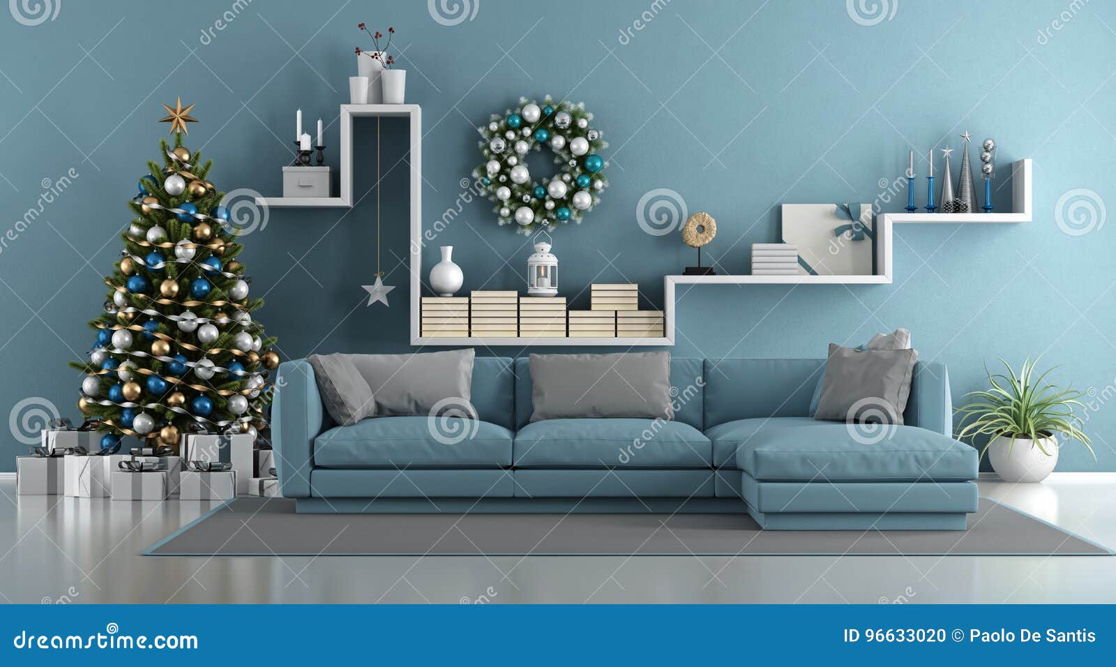 blue living room christmas
