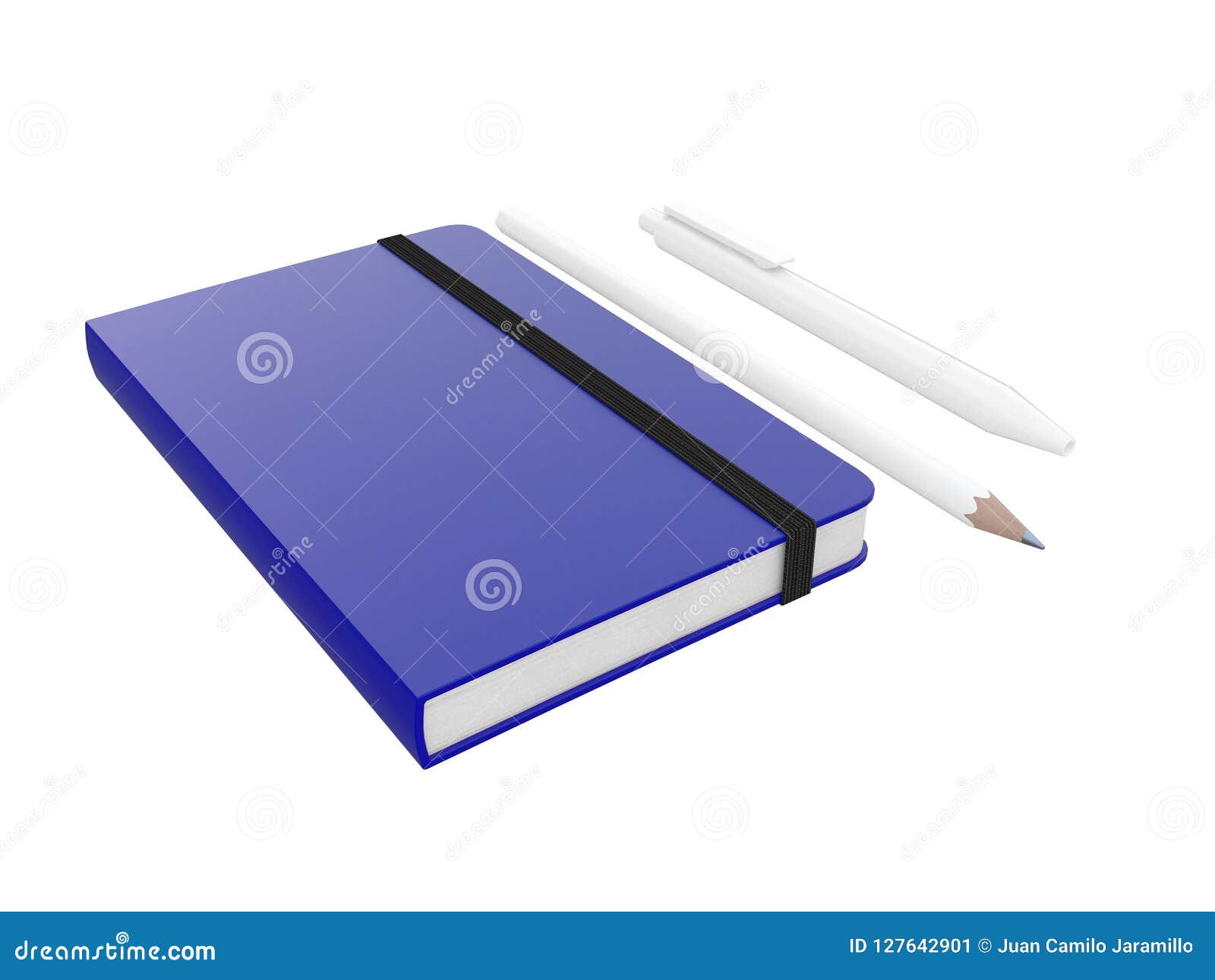 blue moleskine or notebook with pen and pencil and a black strap front or top view  on a white background 3d rendering