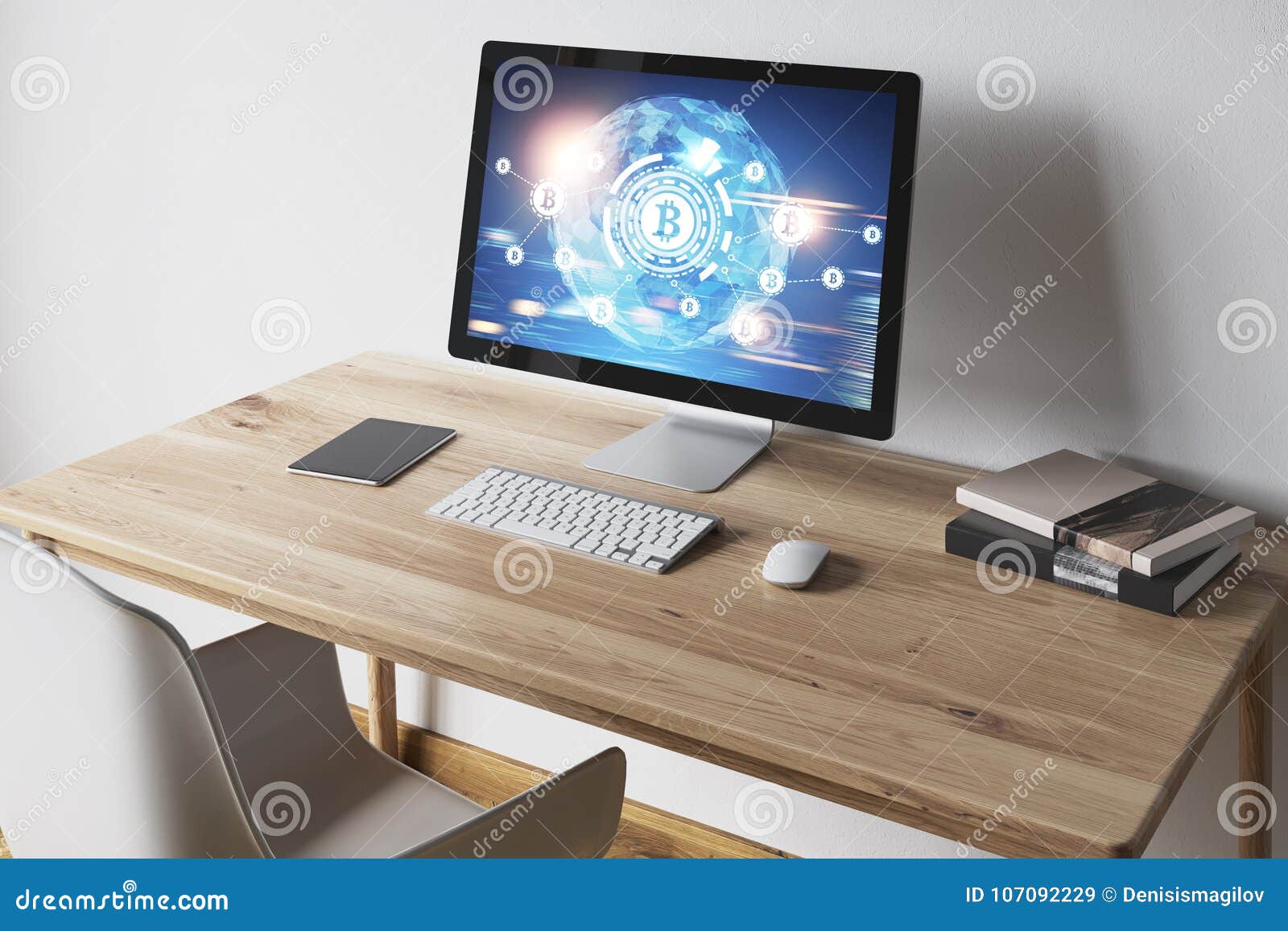 Blue Monitor On Wooden Table Bitcoin Icon Side Stock Illustration