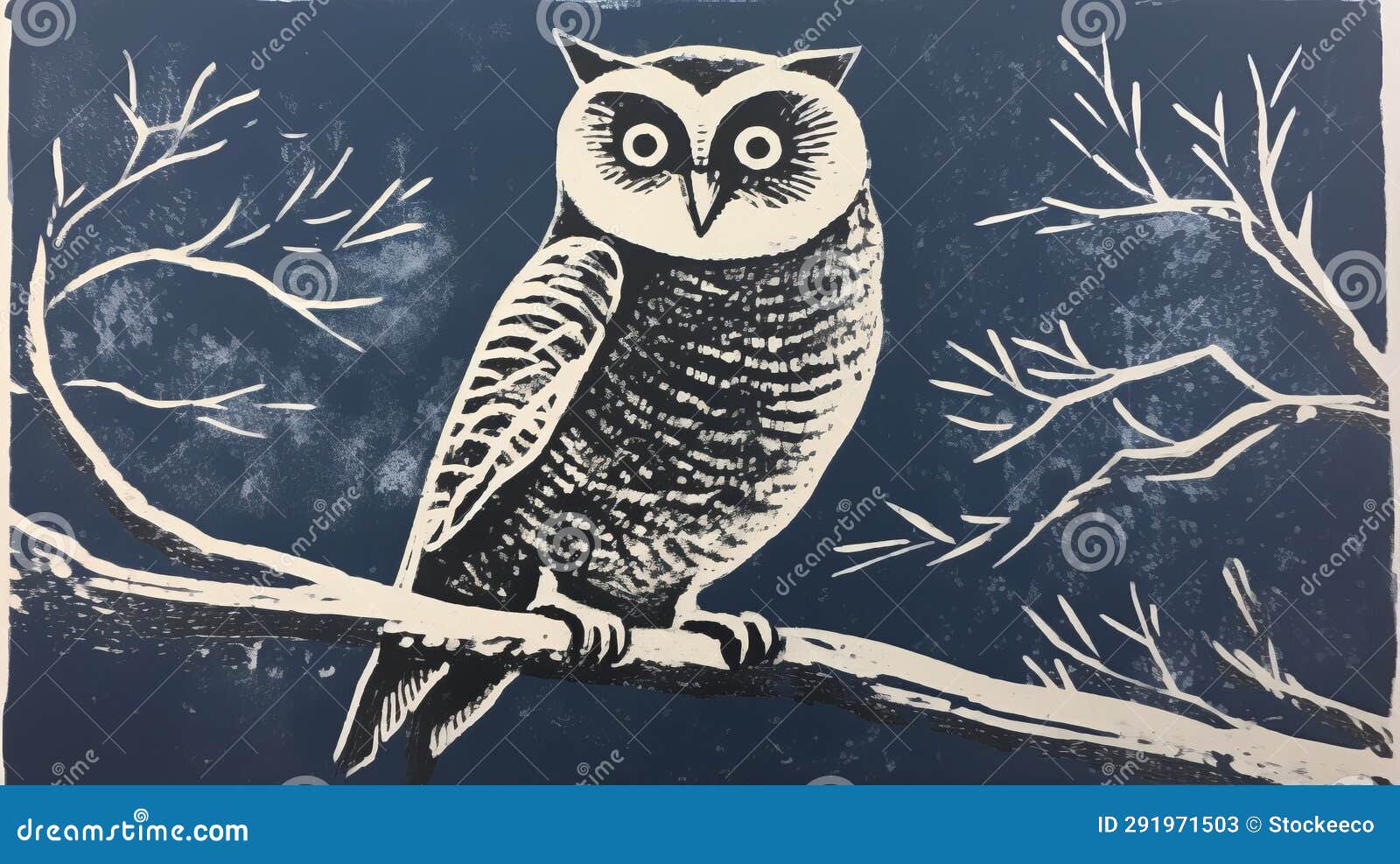 blue monotype owl on branch: a simple lino print inspired by woodcut graphics