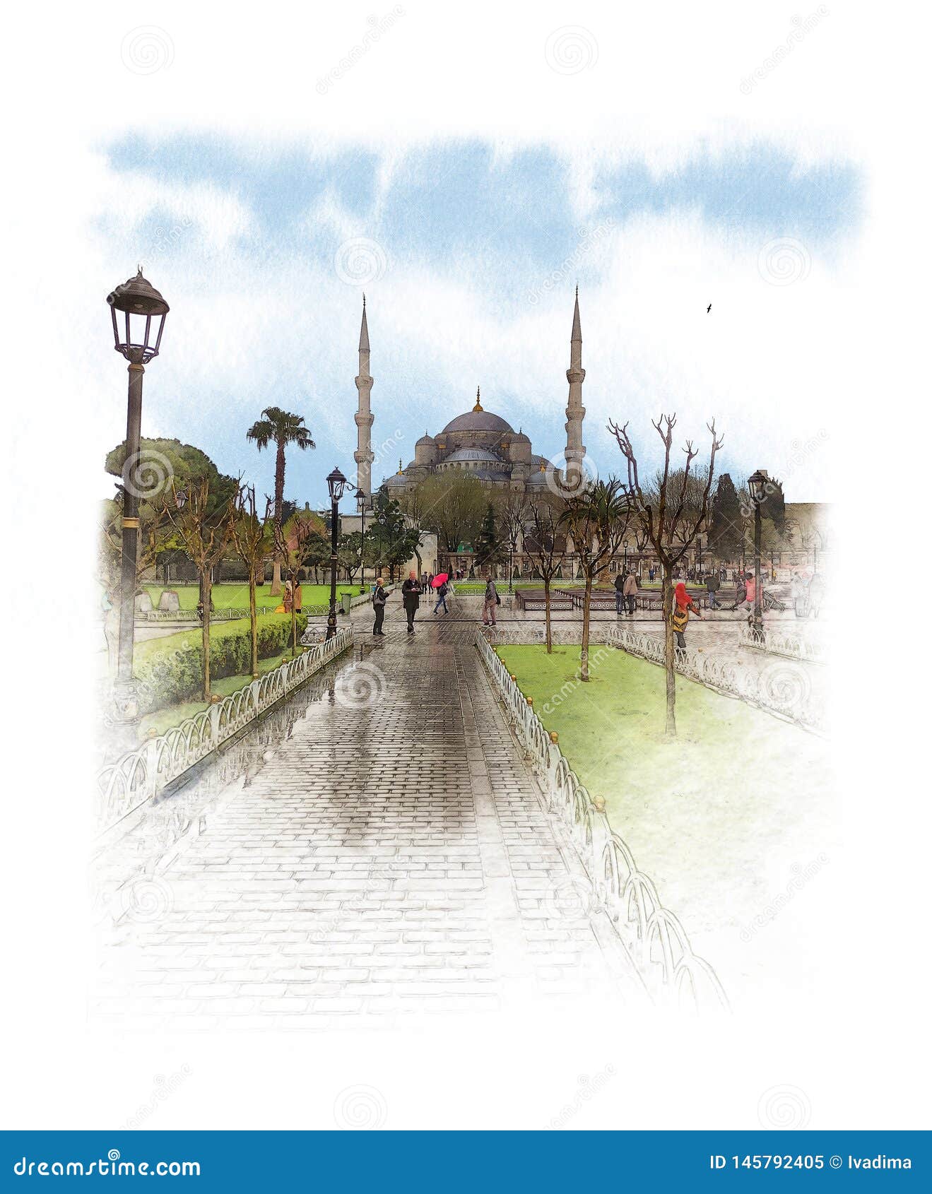 blue mosque, also called sultan ahmed mosque in the center of istanbul. watercolor sketch.