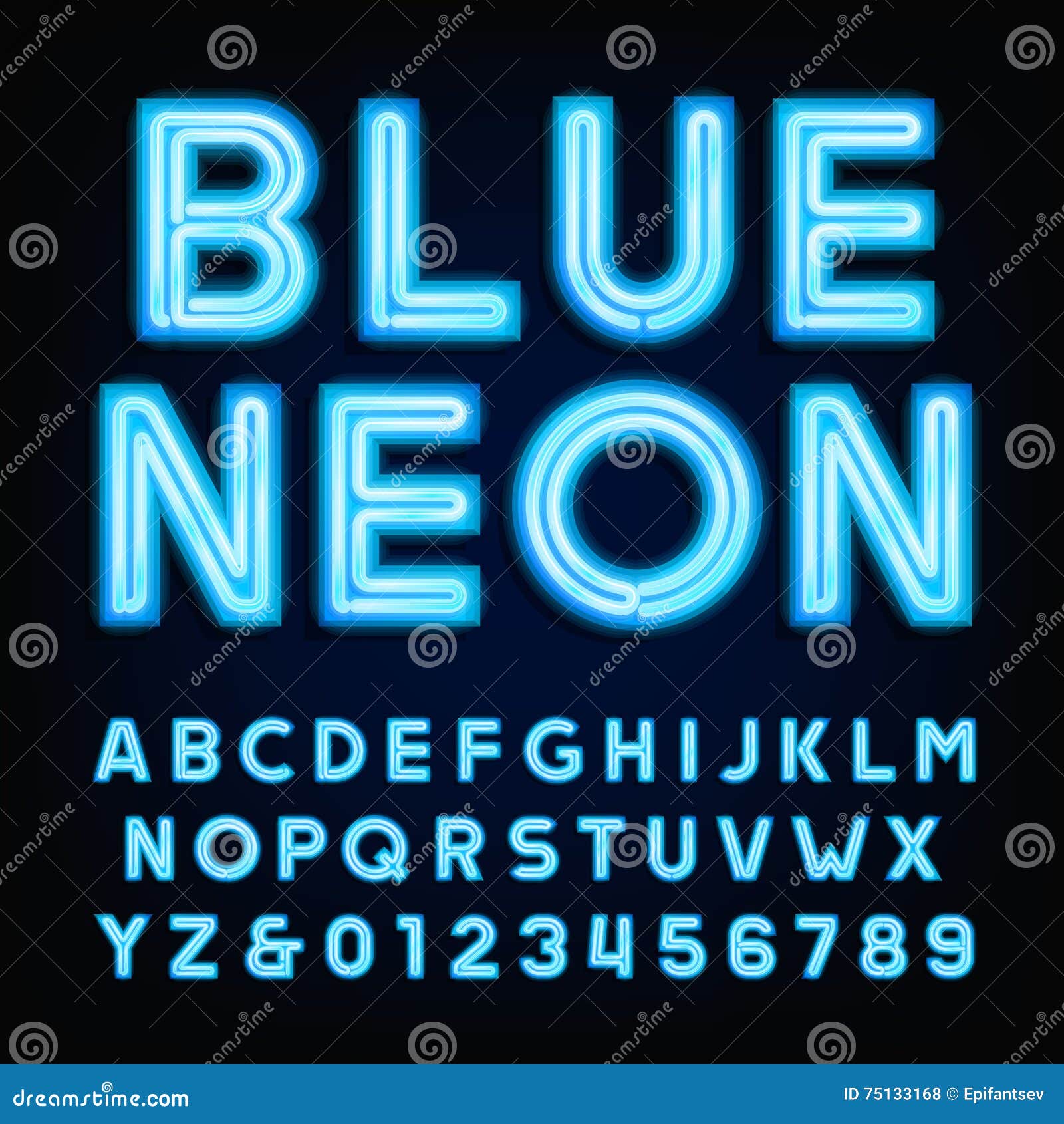 Blue Neon Tube Alphabet Font. Type Letters and Numbers on a Dark ...