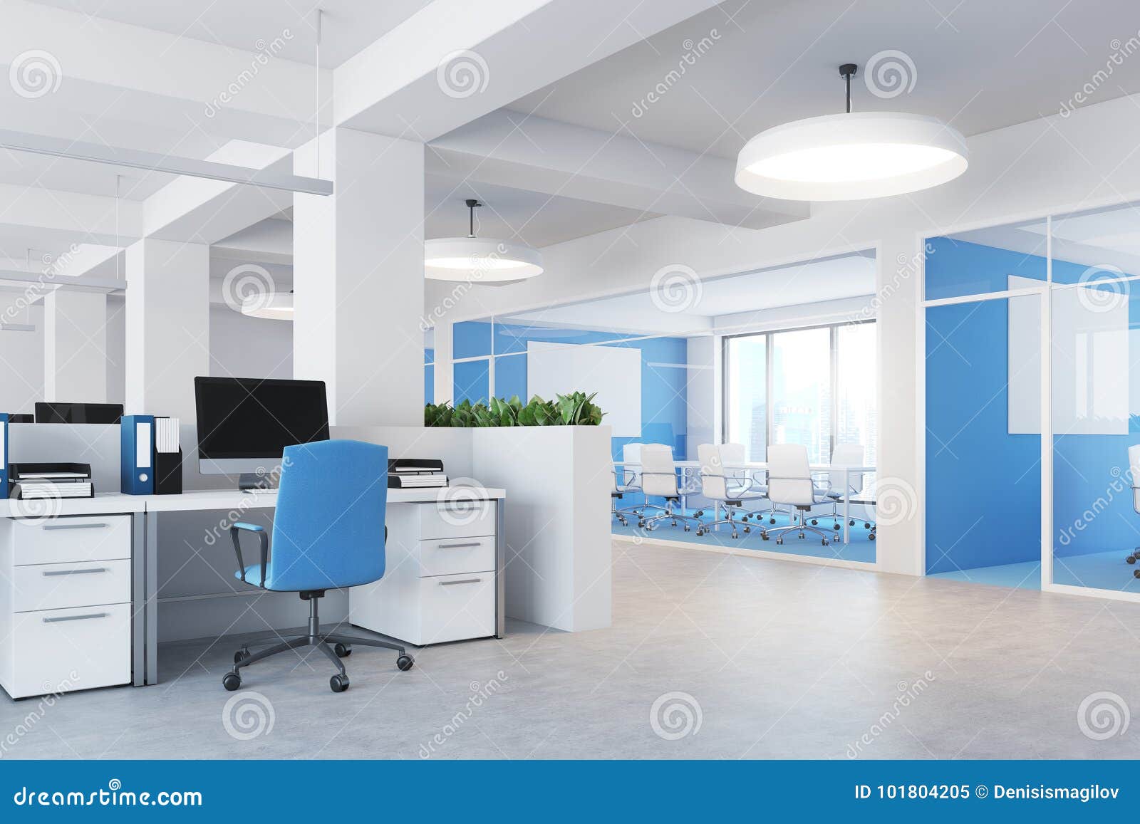 Blue Open Space Office Interior Side Stock Illustration