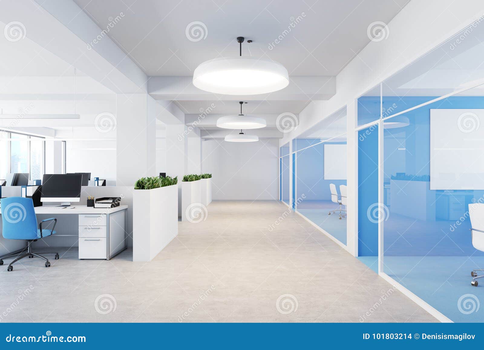 Blue Open Space Office Interior Stock Illustration