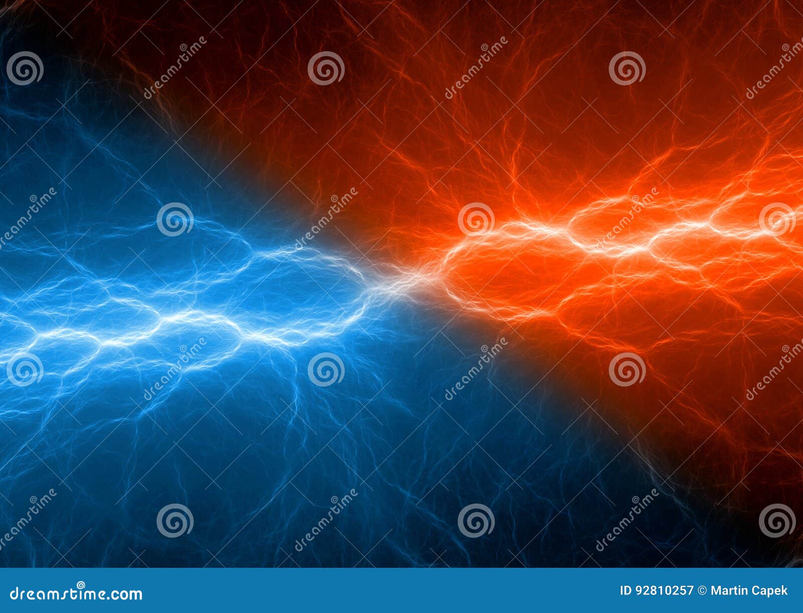 Red And Blue Electric Lightning Collision. Versus Abstract Background