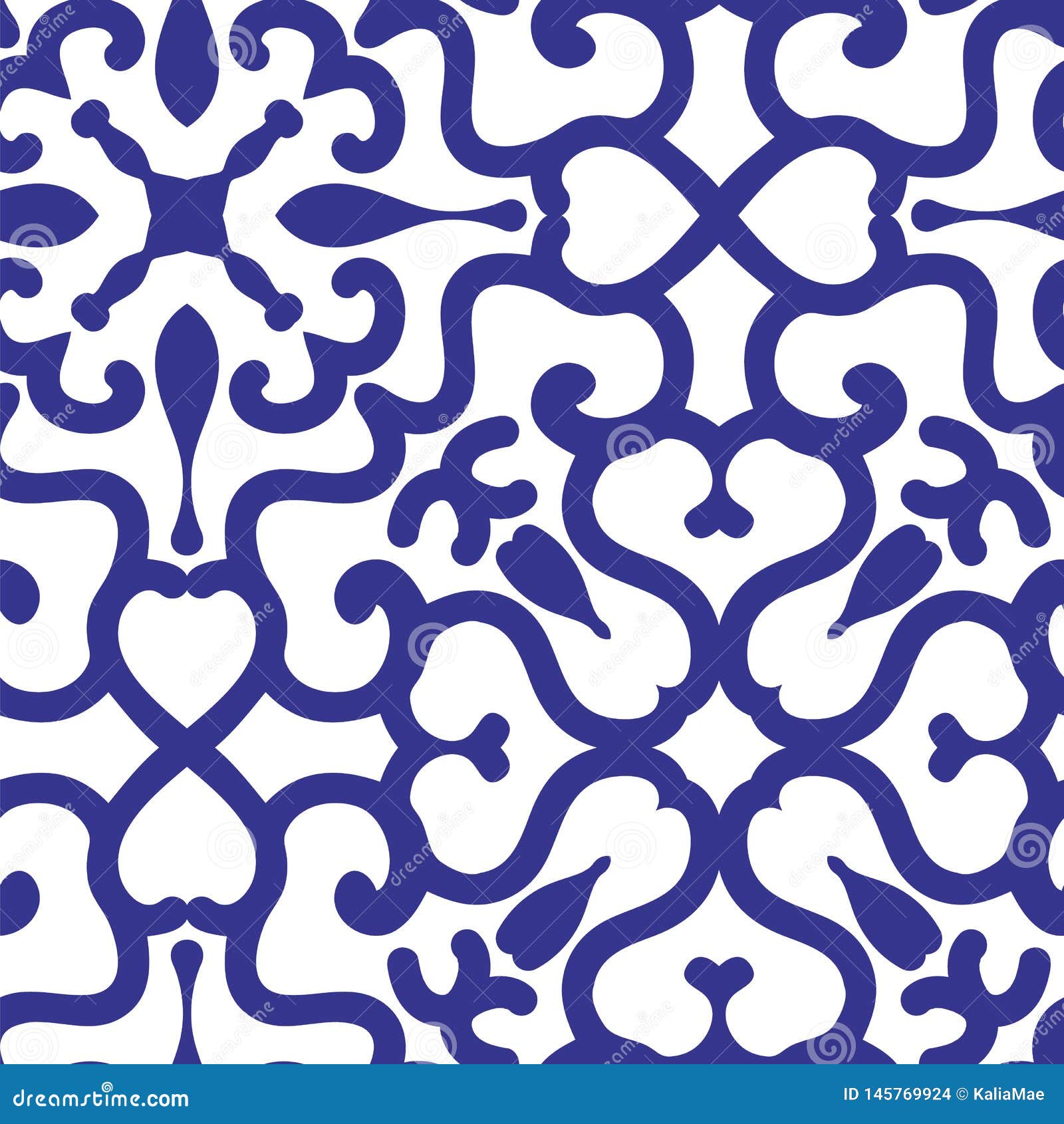 Blue Ornamental Arabesque Tile On White. Fully Editable Seamless Vector Pattern Stock