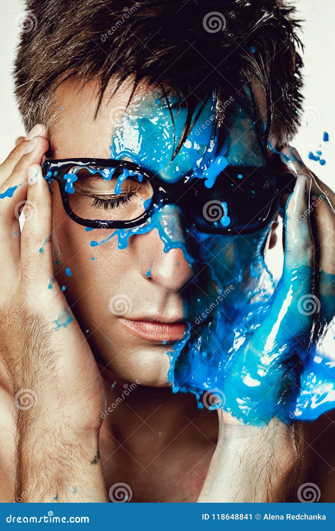 Blue Paint Over Face Man Model Abstract on White Background Stock Image - Image of beauty, close:
