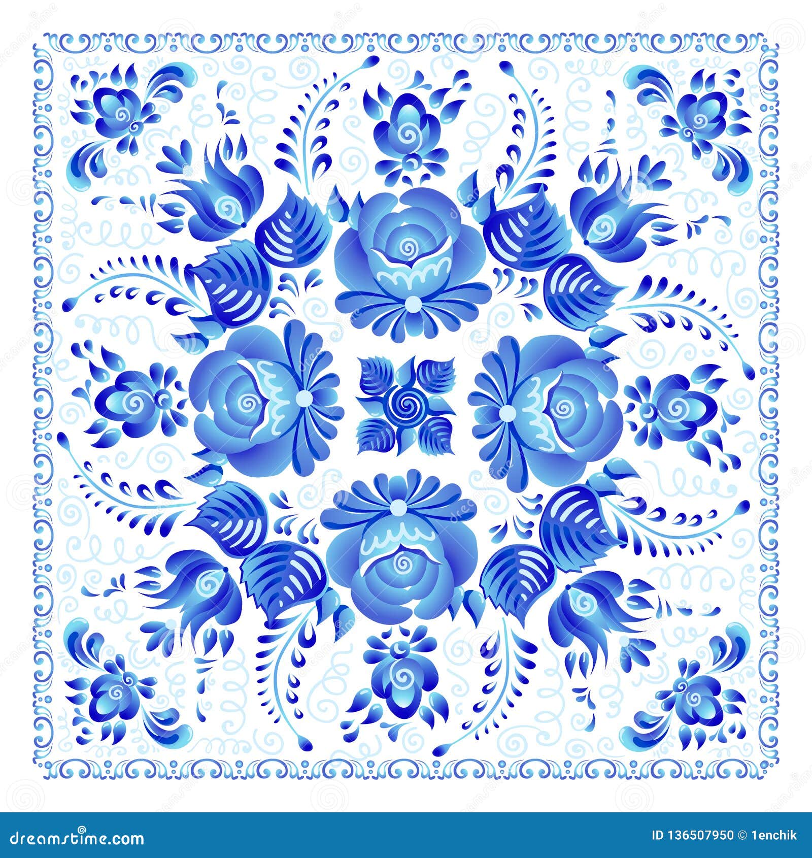 Blue Painted Flowers in Russian Gzhel Style Vector Square Napkin