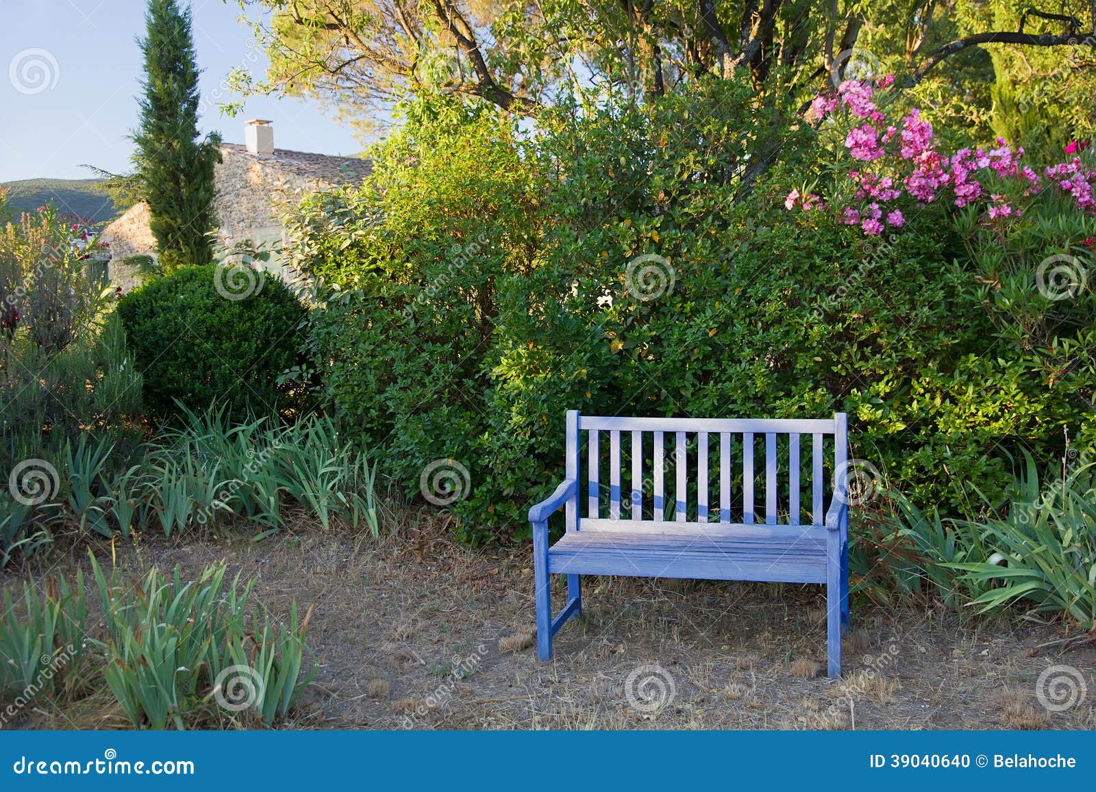 Blue Painted Wooden Garden Bench, Provence, France. Stock