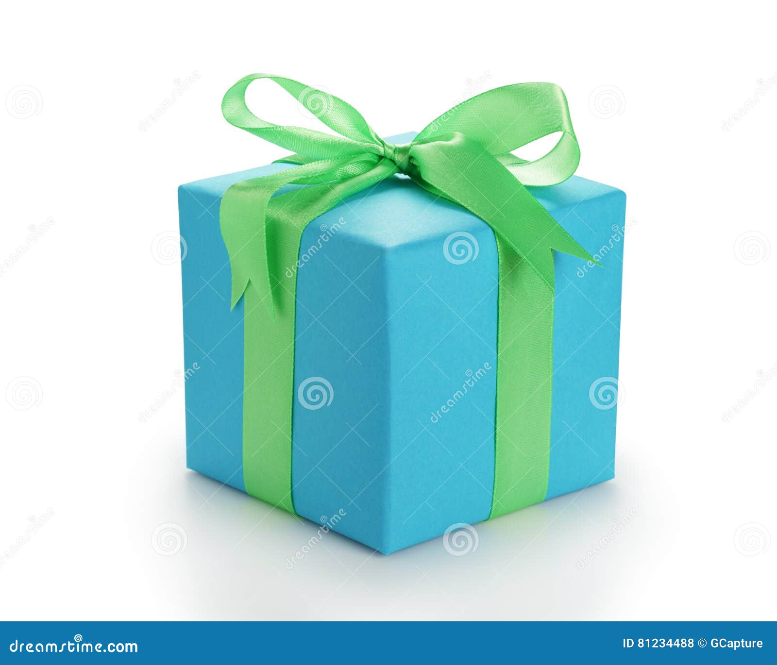 blue paper giftbox with green ribbon bow 